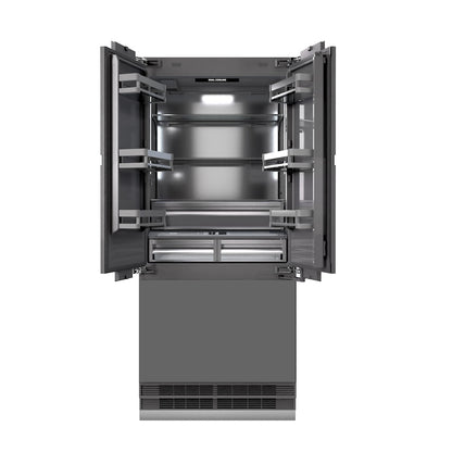 ZLINE 36 in. 19.6 cu. ft. Panel Ready French Door Built-In Bottom Freezer Refrigerator with Water Dispenser and Ice Maker with Graphite Gray Interior (GRBIV-36) front, no panels, open.