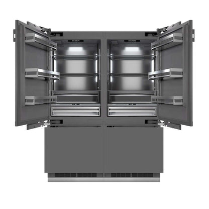 ZLINE 60 in. 32.2 cu. ft. Panel Ready French Door Built-In Bottom Freezer Refrigerator with Water Dispensers and Ice Makers with Graphite Gray Interior (GRBIV-60) front, refrigeration compartment and bottom freezer drawers open.