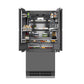 ZLINE Autograph Edition 36 in. 19.6 cu. ft. Panel Ready French Door Built-In Bottom Freezer Refrigerator with Water Dispenser and Ice Maker with Graphite Gray Interior and Champagne Bronze Accents (GRBIVZ-36-CB) front, open, with food inside refrigeration compartment.