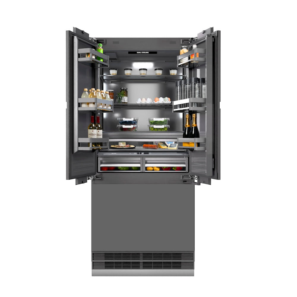 ZLINE Autograph Edition 36 in. 19.6 cu. ft. Panel Ready French Door Built-In Bottom Freezer Refrigerator with Water Dispenser and Ice Maker with Graphite Gray Interior and Champagne Bronze Accents (GRBIVZ-36-CB) front, open, with food inside refrigeration compartment.