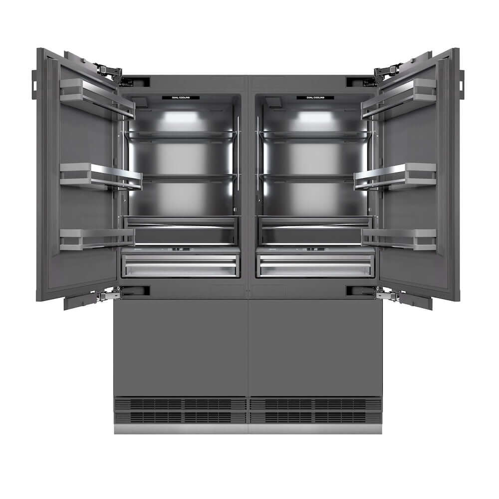 ZLINE Autograph Edition 60 in. 32.2 cu. ft. Panel Ready French Door Built-In Bottom Freezer Refrigerator with Water Dispenser and Ice Maker with Graphite Gray Interior and Matte Black Accents (GRBIVZ-60-MB) front, refrigeration compartment open.