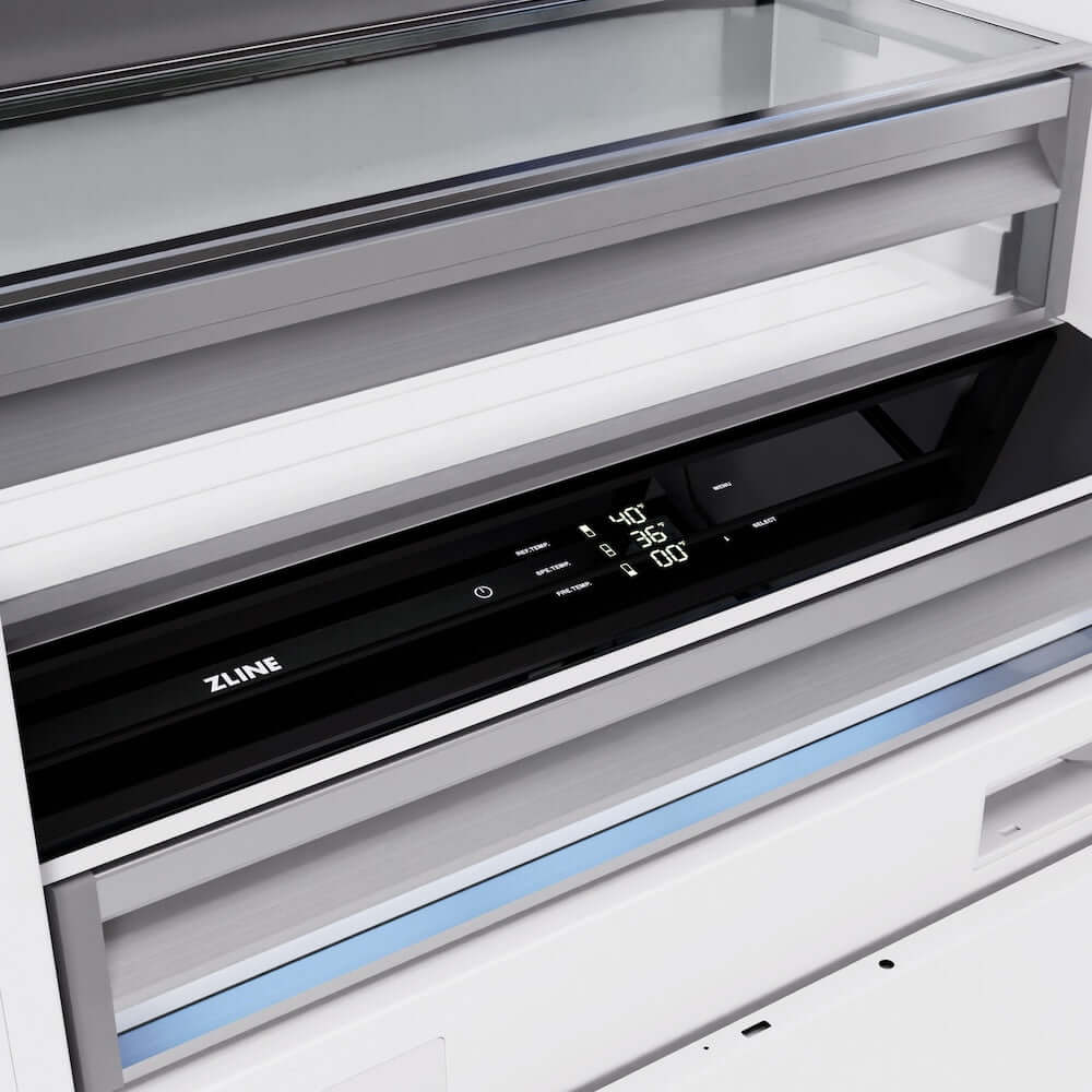 ZLINE 36 in. 19.8 cu. ft. Panel Ready Built-In Bottom Freezer Refrigerator with Water Dispenser and Ice Maker (RBIT-36) close-up detail, refrigerator and freezer temperature controls.