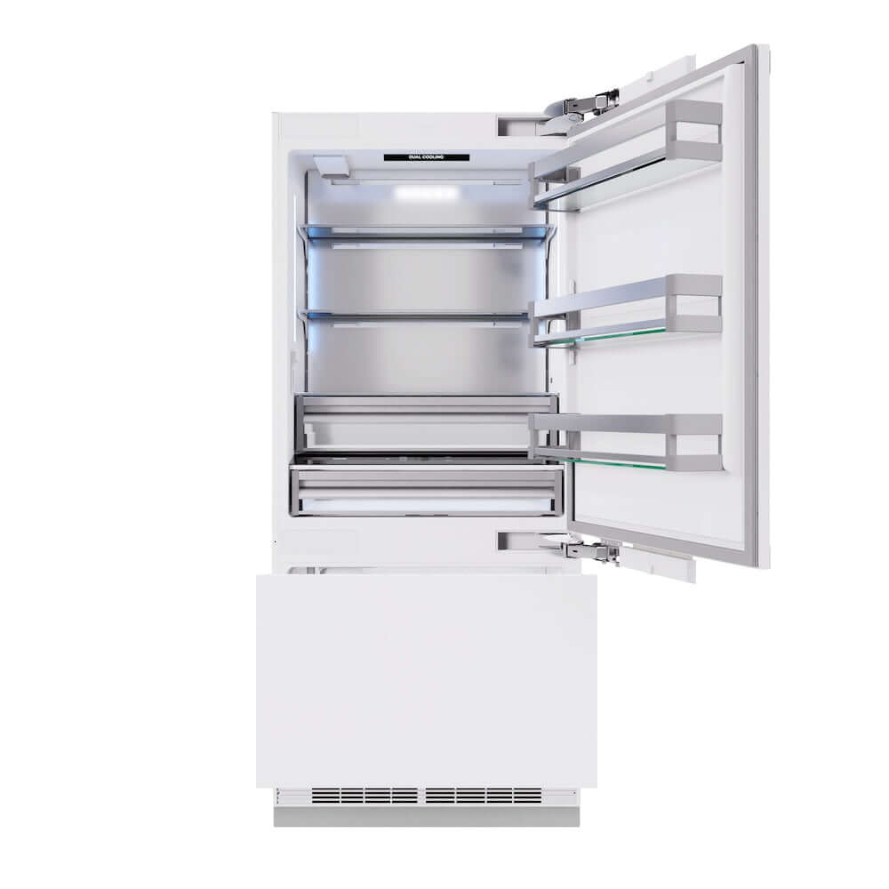 ZLINE 36 in. 19.8 cu. ft. Panel Ready Built-In Bottom Freezer Refrigerator with Water Dispenser and Ice Maker (RBIT-36) front, refrigeration compartment and bottom freezer drawer open.