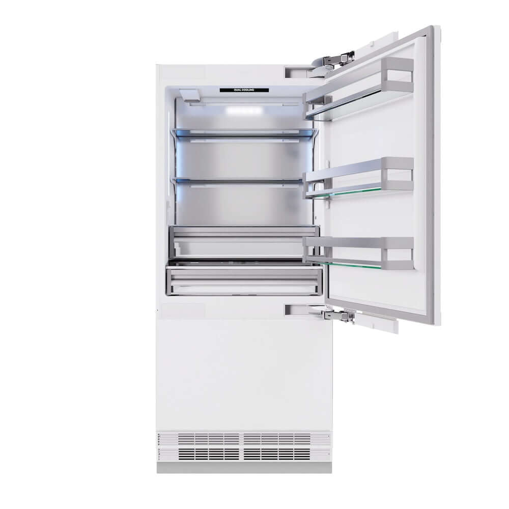 ZLINE 36 in. 19.8 cu. ft. Panel Ready Built-In Bottom Freezer Refrigerator with Water Dispenser and Ice Maker (RBIT-36) front, open.