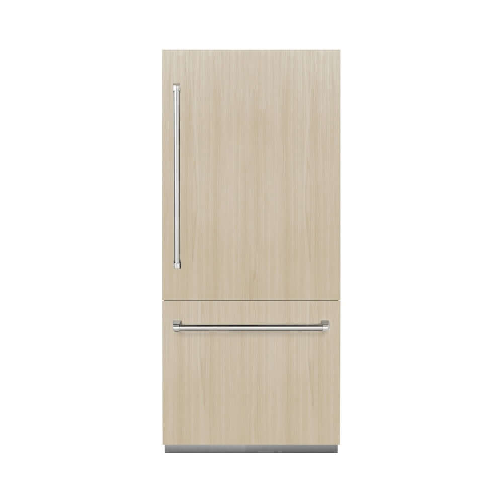 ZLINE 36 in. 19.8 cu. ft. Panel Ready Built-In Bottom Freezer Refrigerator with Water Dispenser and Ice Maker (RBIT-36) with custom panels.