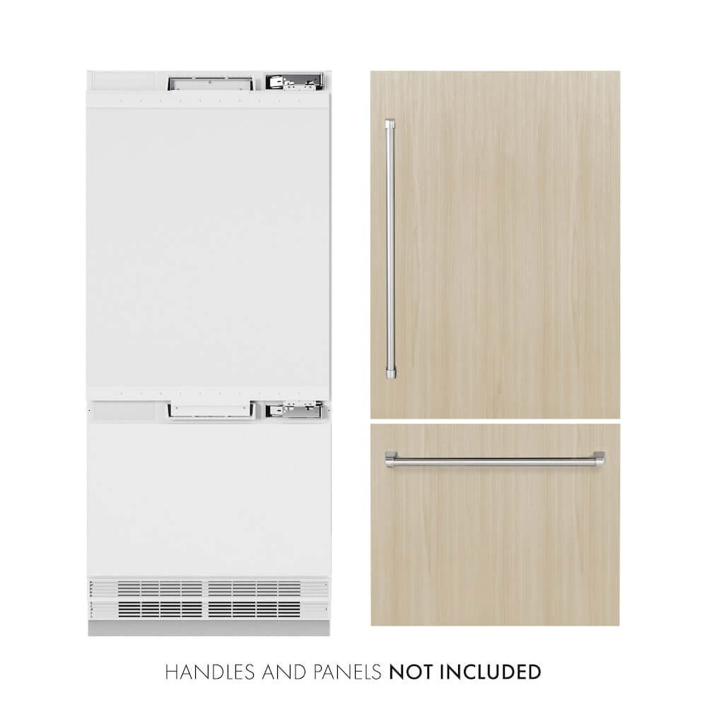ZLINE 36 in. 19.8 cu. ft. Panel Ready Built-In Bottom Freezer Refrigerator with Water Dispenser and Ice Maker (RBIT-36) next to custom panels and handles. Text: Handles and Panels Not Included.