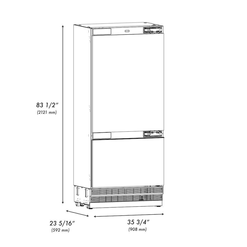 ZLINE Autograph Edition 36 in. 19.8 cu. ft. Panel Ready Built-In Bottom Freezer Refrigerator with Water Dispenser and Ice Maker with Polished Gold Accents (RBITZ-36-G) dimensional diagram.