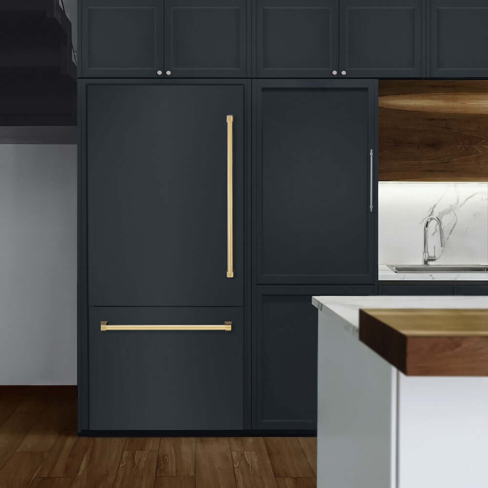 ZLINE Autograph Edition 36 in. 19.8 cu. ft. Panel Ready Built-In Bottom Freezer Refrigerator with Water Dispenser and Ice Maker with Polished Gold Accents (RBITZ-36-G) lifestyle, in a luxury kitchen.