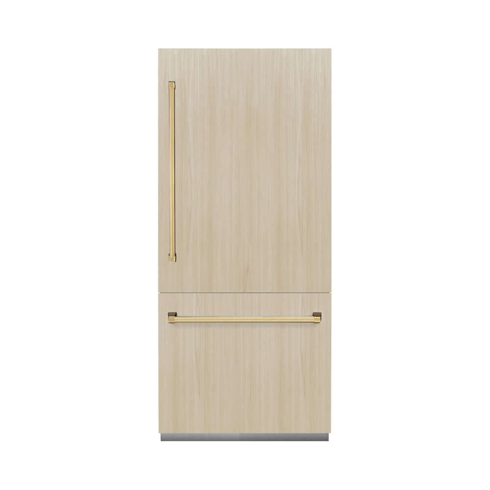 ZLINE Autograph Edition 36 in. 19.8 cu. ft. Panel Ready Built-In Bottom Freezer Refrigerator with Water Dispenser and Ice Maker with Polished Gold Accents (RBITZ-36-G)