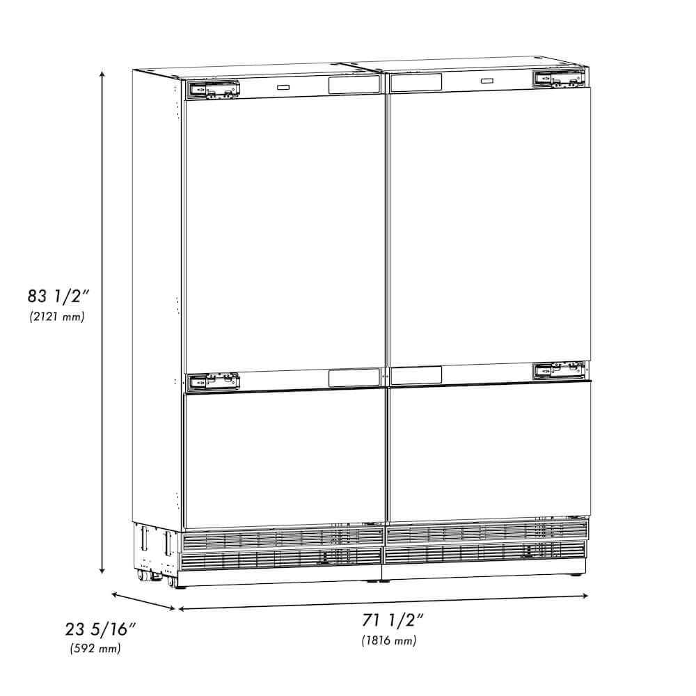 ZLINE Autograph Edition 72 in. 39.6 cu. ft. Panel Ready French Door Built-In Bottom Freezer Refrigerator with Water Dispensers and Ice Makers and Polished Gold Accents (RBITZ-72-G) dimensional diagram.
