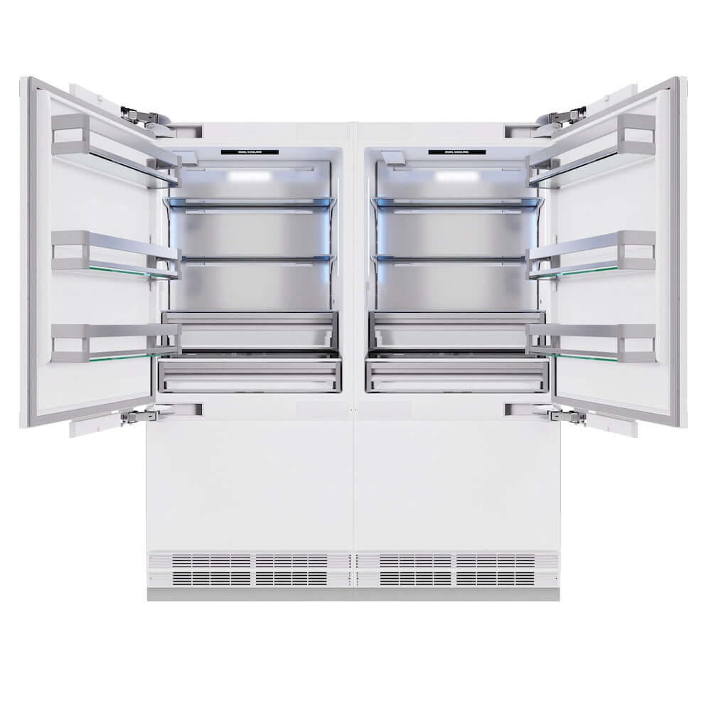 ZLINE Autograph Edition 72 in. 39.6 cu. ft. Panel Ready French Door Built-In Bottom Freezer Refrigerator with Water Dispensers and Ice Makers and Polished Gold Accents (RBITZ-72-G) front, refrigeration compartment open.