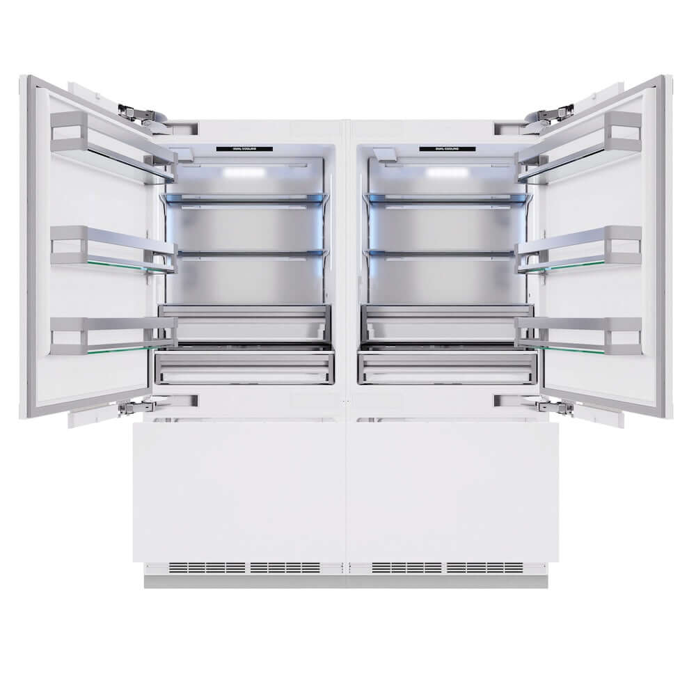 ZLINE Autograph Edition 72 in. 39.6 cu. ft. Panel Ready French Door Built-In Bottom Freezer Refrigerator with Water Dispensers and Ice Makers and Polished Gold Accents (RBITZ-72-G) front, refrigeration compartment and bottom freezer drawers open.