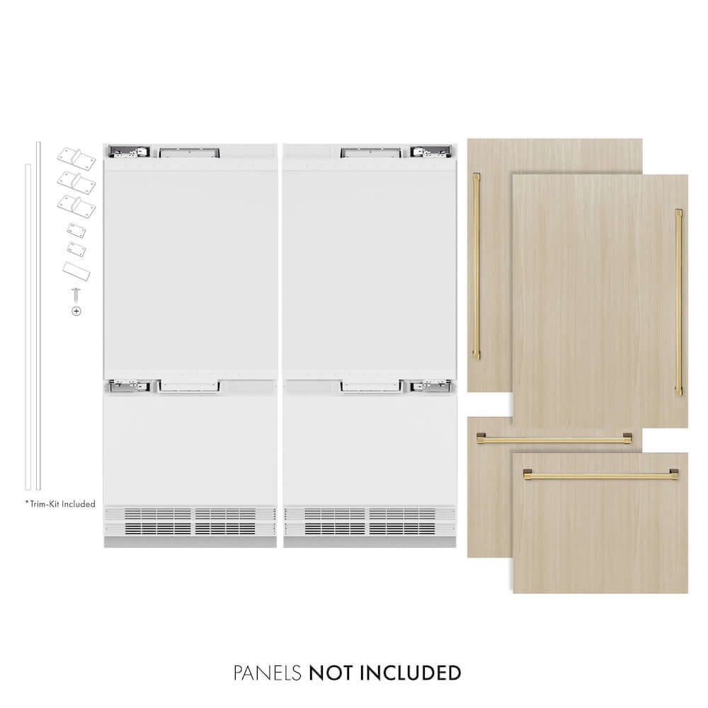 ZLINE Autograph Edition 72 in. 39.6 cu. ft. Panel Ready French Door Built-In Bottom Freezer Refrigerator with Water Dispensers and Ice Makers and Polished Gold Accents (RBITZ-72-G) main image.