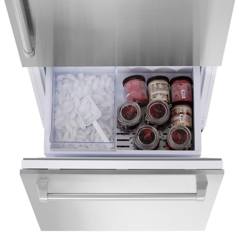 ZLINE 30 in. 16.1 cu. ft. Panel Ready Built-In Bottom Freezer Refrigerator with Water Dispenser and Ice Maker (RBIV-30) bottom freezer with ice and frozen food inside.