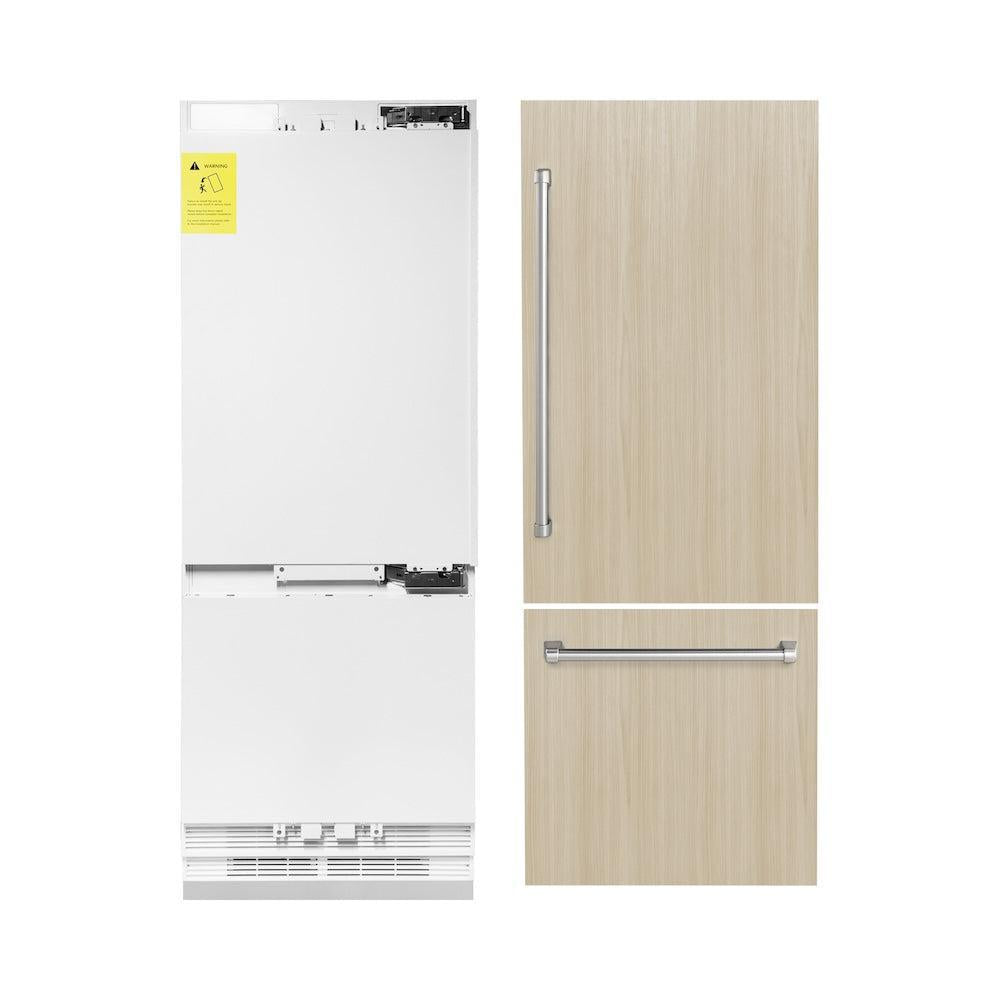 ZLINE 30 in. 16.1 cu. ft. Panel Ready Built-In Bottom Freezer Refrigerator with Water Dispenser and Ice Maker (RBIV-30) front, refrigeration unit next to panels and handles.