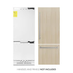 ZLINE 30 in. 16.1 cu. ft. Panel Ready Built-In Bottom Freezer Refrigerator with Water Dispenser and Ice Maker (RBIV-30) front, refrigeration unit next to panels and handles. Text: Handles and panels NOT included.