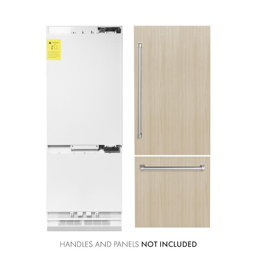 ZLINE 30 in. 16.1 cu. ft. Panel Ready Built-In Bottom Freezer Refrigerator with Water Dispenser and Ice Maker (RBIV-30) front, refrigeration unit next to panels and handles. Text: Handles and panels NOT included.