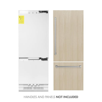 ZLINE 30 in. 16.1 cu. ft. Panel Ready Built-In Bottom Freezer Refrigerator with Water Dispenser and Ice Maker (RBIV-30) front, refrigeration unit next to panels and handles. Text: Handles and panels NOT included.