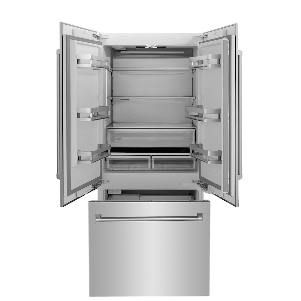 ZLINE 36 in. 19.6 cu. ft. Panel Ready French Door Built-In Bottom Freezer Refrigerator with Water Dispenser and Ice Maker (RBIV-36) front, open, empty, with stainless steel panels.