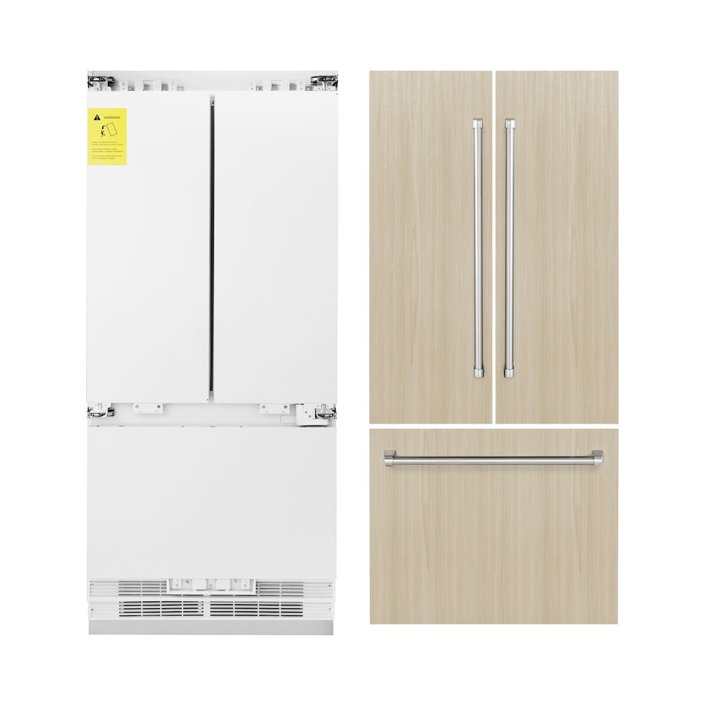 ZLINE 36 in. 19.6 cu. Ft. Panel Ready Built-In 3-Door French Door Refrigerator with Internal Water and Ice Dispenser (RBIV-36) refrigeration unit next to custom wood panels.