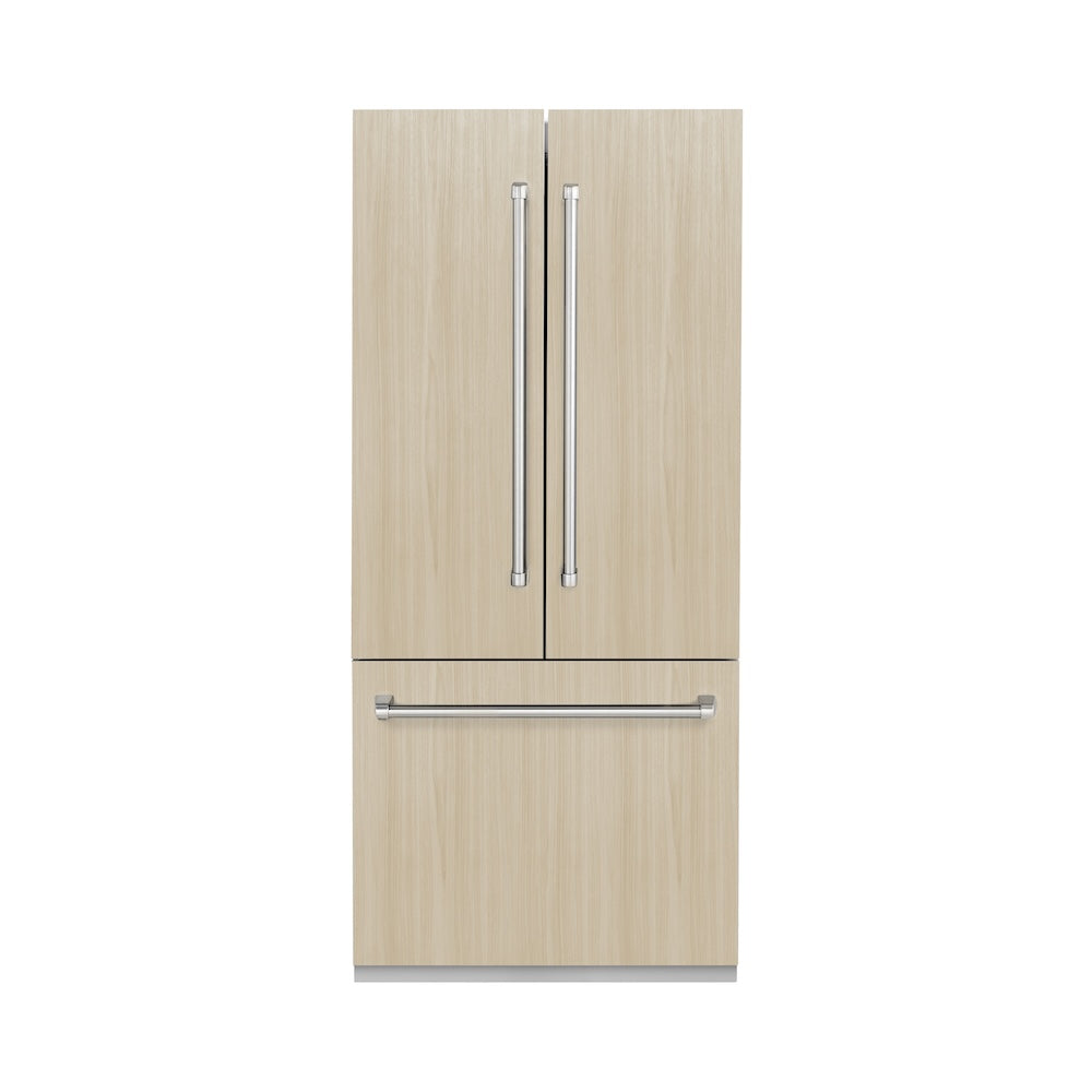ZLINE 36 in. 19.6 cu. Ft. Panel Ready Built-In 3-Door French Door Refrigerator with Internal Water and Ice Dispenser (RBIV-36) front, with custom wood panels, closed.