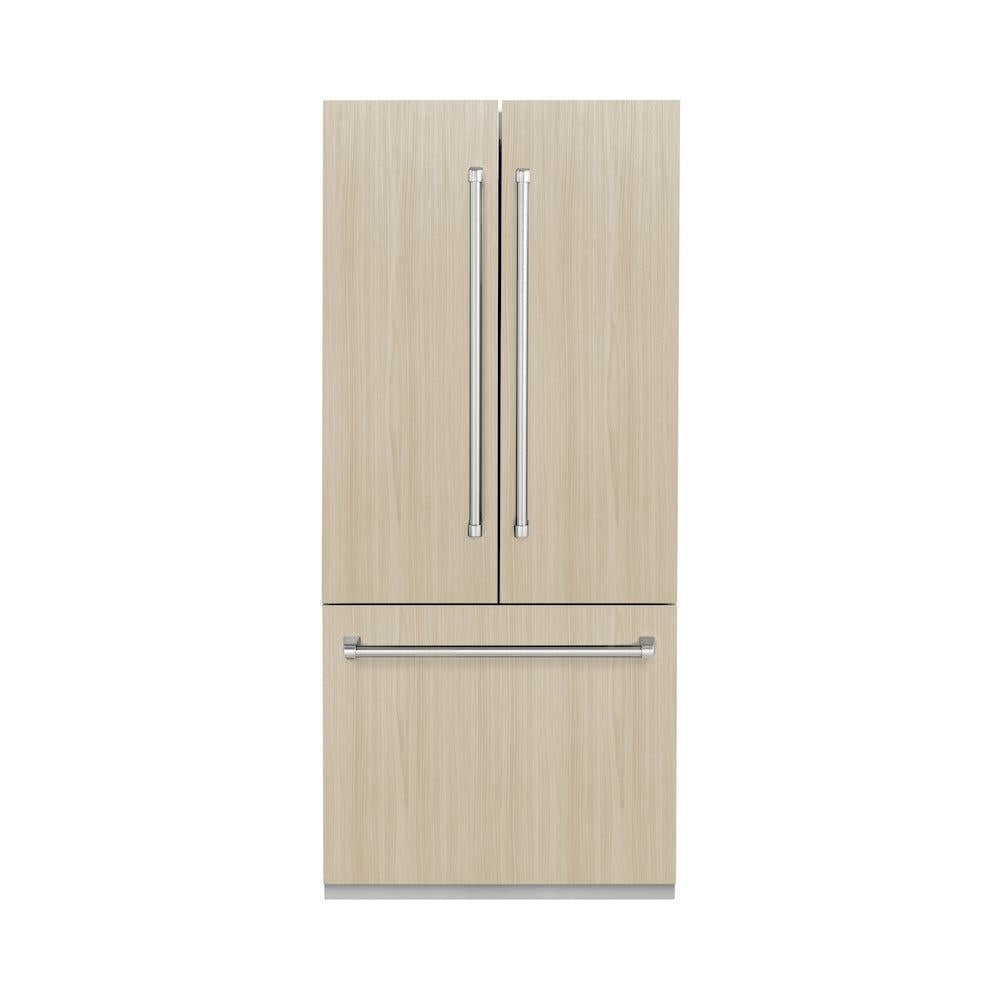 ZLINE 36 in. 19.6 cu. ft. Panel Ready French Door Built-In Bottom Freezer Refrigerator with Water Dispenser and Ice Maker (RBIV-36) front, with custom panels, closed.