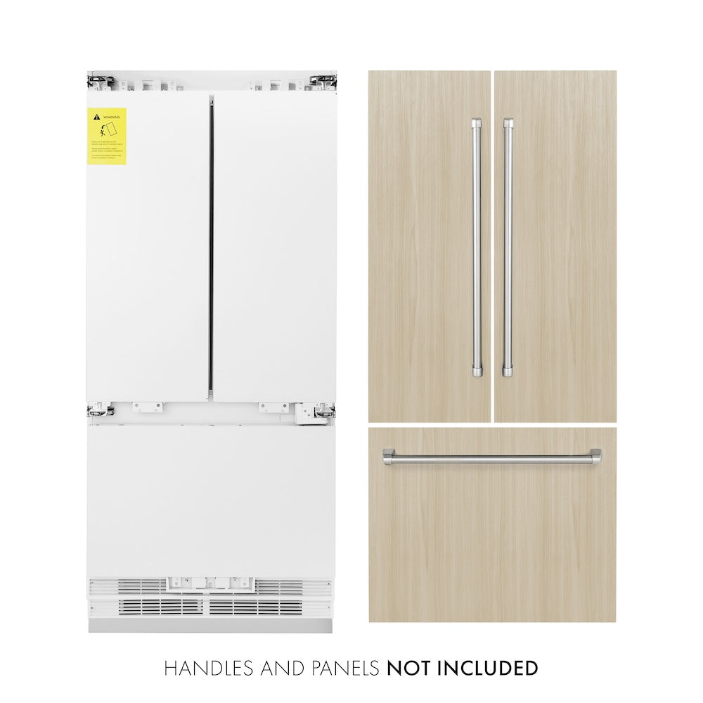 ZLINE 36 in. 19.6 cu. Ft. Panel Ready Built-In 3-Door French Door Refrigerator with Internal Water and Ice Dispenser (RBIV-36) front, refrigeration unit next to custom wood panels. Text: Handles and Panels NOT included.