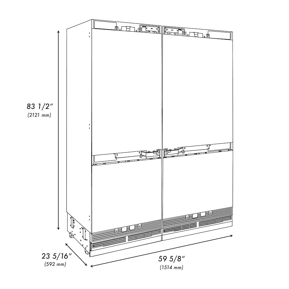 ZLINE 60 in. 32.2 cu. Ft. Panel Ready Built-In 4-Door French Door Refrigerator with Internal Water and Ice Dispenser (RBIV-60) dimensional diagram.