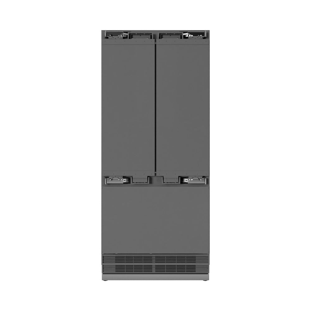 ZLINE 36 in. 19.6 cu. ft. Panel Ready French Door Built-In Bottom Freezer Refrigerator with Water Dispenser and Ice Maker with Stainless Steel Interior (SRBIV-36) front, closed, without panels.