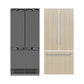 ZLINE 36 in. 19.6 cu. ft. Panel Ready French Door Built-In Bottom Freezer Refrigerator with Water Dispenser and Ice Maker with Stainless Steel Interior (SRBIV-36) next to custom panels and handles.