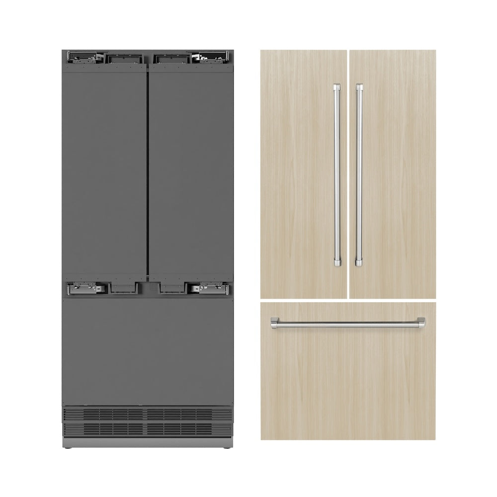 ZLINE 36 in. 19.6 cu. ft. Panel Ready French Door Built-In Bottom Freezer Refrigerator with Water Dispenser and Ice Maker with Stainless Steel Interior (SRBIV-36) next to custom panels and handles.