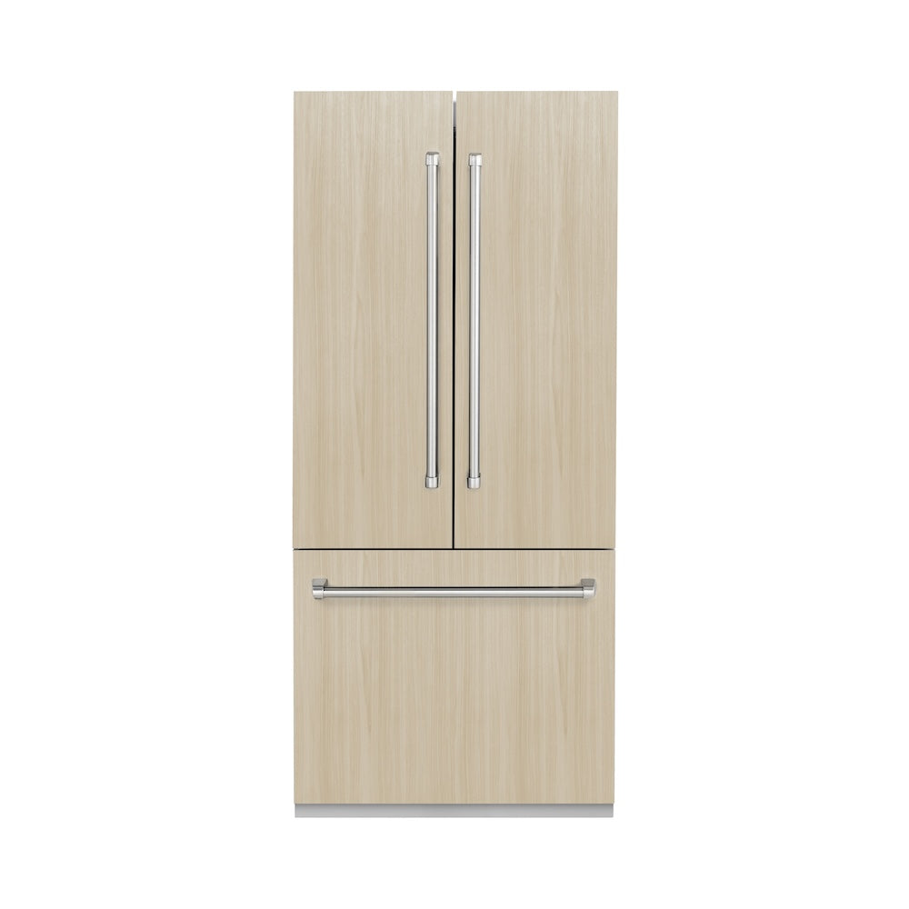 ZLINE 36 in. 19.6 cu. ft. Panel Ready French Door Built-In Bottom Freezer Refrigerator with Water Dispenser and Ice Maker with Stainless Steel Interior (SRBIV-36) with custom panels.