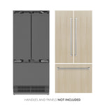 ZLINE 36 in. 19.6 cu. ft. Panel Ready French Door Built-In Bottom Freezer Refrigerator with Water Dispenser and Ice Maker with Stainless Steel Interior (SRBIV-36) front, next to custom panels and handles. Text: Handles and Panel Not Included.