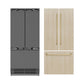 ZLINE Autograph Edition 36 in. 19.6 cu. ft. Panel Ready French Door Built-In Bottom Freezer Refrigerator with Water Dispenser and Ice Maker with Stainless Steel Interior and Champagne Bronze Accents (SRBIVZ-36-CB) next to custom panels and Autograph Edition Champagne Bronze handles.