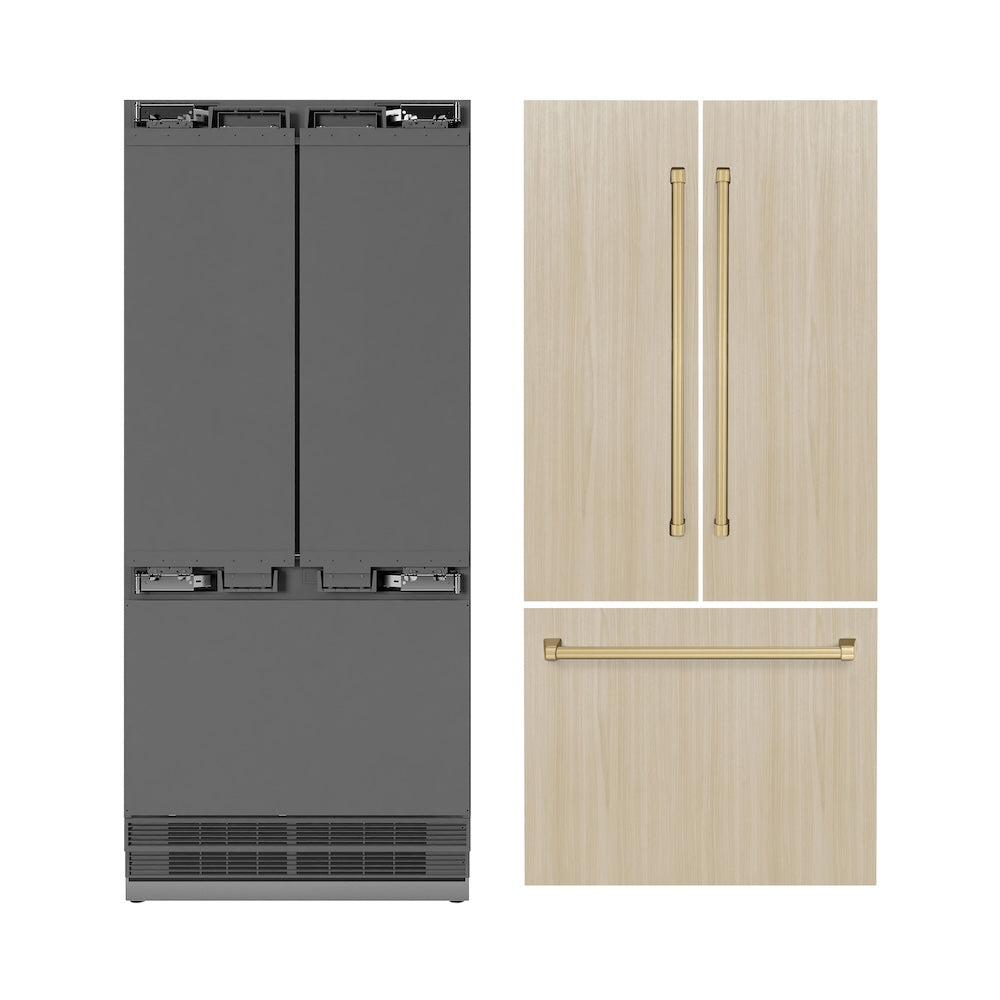 ZLINE Autograph Edition 36 in. 19.6 cu. ft. Panel Ready French Door Built-In Bottom Freezer Refrigerator with Water Dispenser and Ice Maker with Stainless Steel Interior and Champagne Bronze Accents (SRBIVZ-36-CB) next to custom panels and Autograph Edition Champagne Bronze handles.