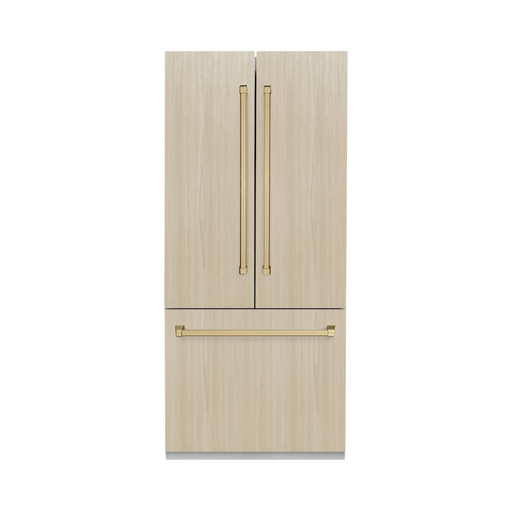 ZLINE Autograph Edition 36 in. 19.6 cu. ft. Panel Ready French Door Built-In Bottom Freezer Refrigerator with Water Dispenser and Ice Maker with Stainless Steel Interior and Champagne Bronze Accents (SRBIVZ-36-CB) with custom panels.