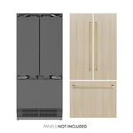 ZLINE Autograph Edition 36 in. 19.6 cu. ft. Panel Ready French Door Built-In Bottom Freezer Refrigerator with Water Dispenser and Ice Maker with Stainless Steel Interior and Champagne Bronze Accents (SRBIVZ-36-CB) with custom panels and Autograph Edition Champagne Bronze handles. Text: Panels not included .