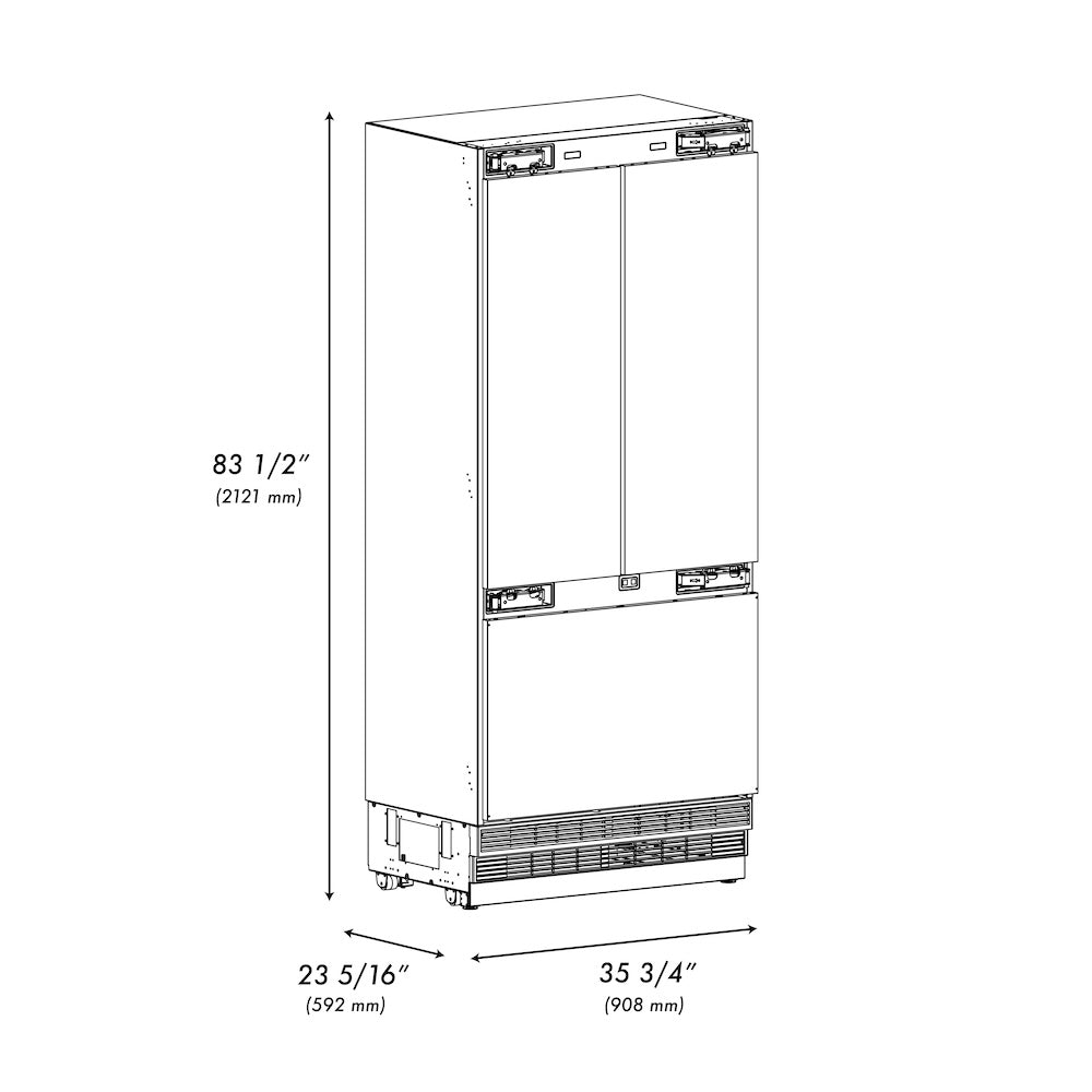 ZLINE Autograph Edition 36 in. 19.6 cu. ft. Panel Ready French Door Built-In Bottom Freezer Refrigerator with Water Dispenser and Ice Maker with Stainless Steel Interior and Polished Gold Accents (SRBIVZ-36-G) dimensional diagram.