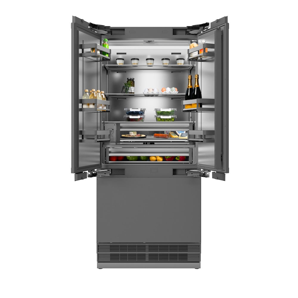 ZLINE Autograph Edition 36 in. 19.6 cu. ft. Panel Ready French Door Built-In Bottom Freezer Refrigerator with Water Dispenser and Ice Maker with Stainless Steel Interior and Polished Gold Accents (SRBIVZ-36-G) front, refrigeration compartment open with food inside.