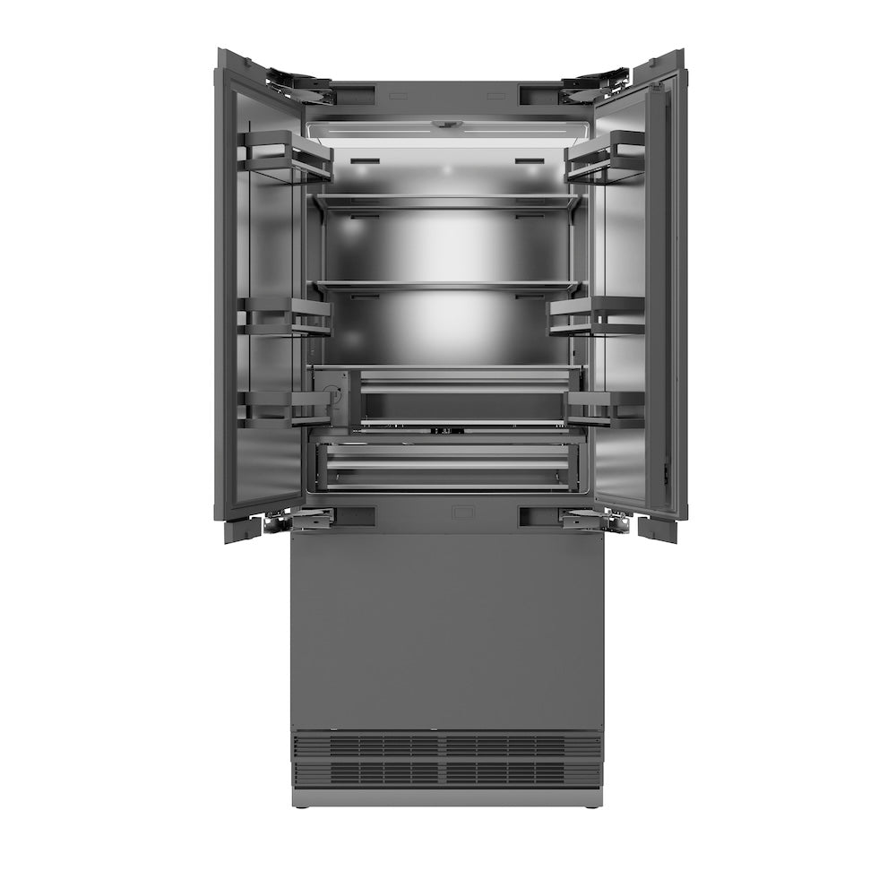 ZLINE Autograph Edition 36 in. 19.6 cu. ft. Panel Ready French Door Built-In Bottom Freezer Refrigerator with Water Dispenser and Ice Maker with Stainless Steel Interior and Polished Gold Accents (SRBIVZ-36-G) front, refrigeration compartment open.