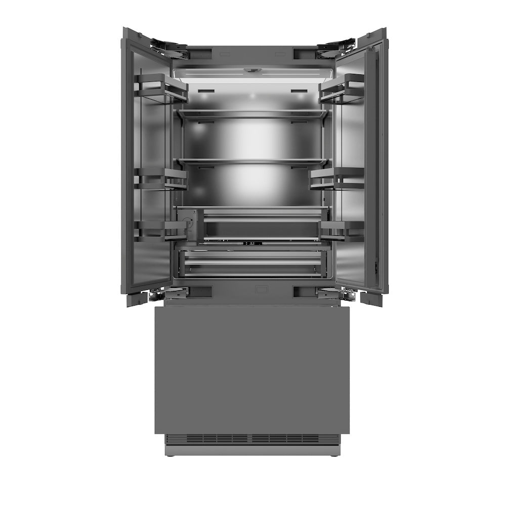 ZLINE Autograph Edition 36 in. 19.6 cu. ft. Panel Ready French Door Built-In Bottom Freezer Refrigerator with Water Dispenser and Ice Maker with Stainless Steel Interior and Polished Gold Accents (SRBIVZ-36-G) front, no panels, refrigeration compartment and bottom freezer open.