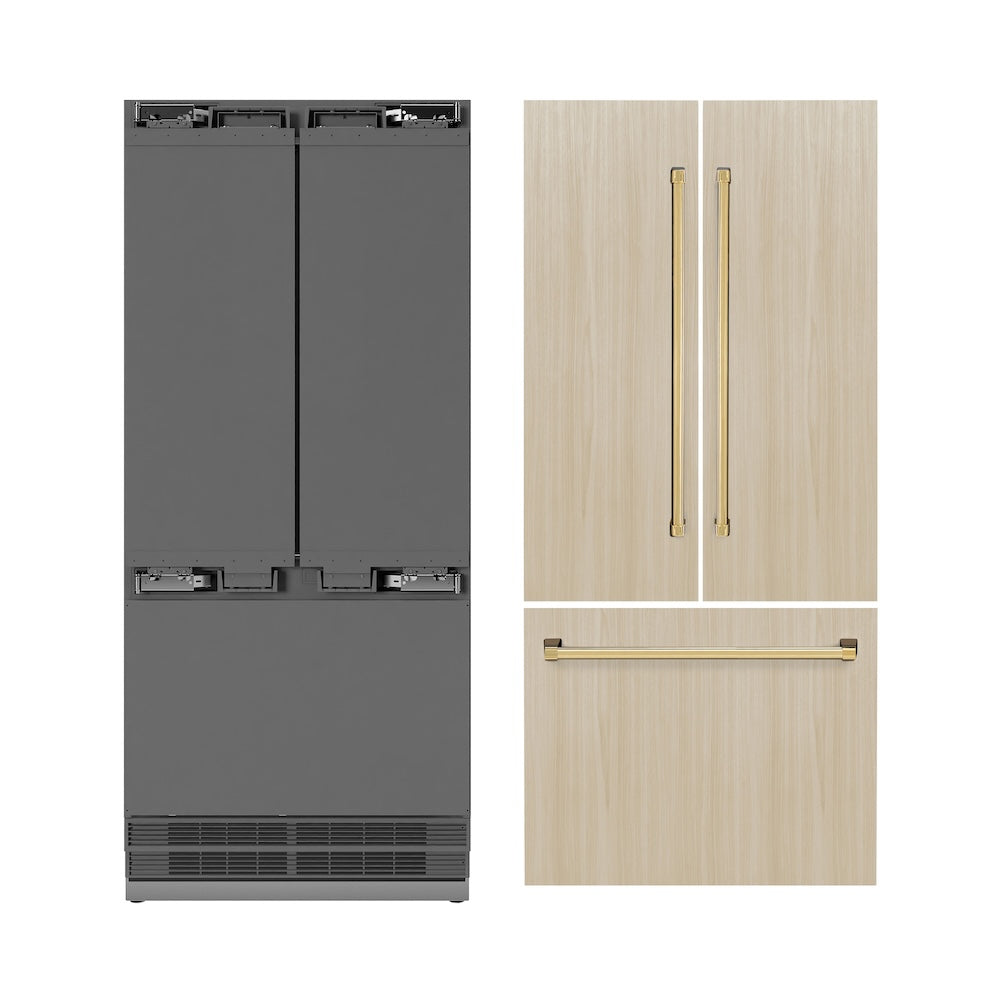ZLINE Autograph Edition 36 in. 19.6 cu. ft. Panel Ready French Door Built-In Bottom Freezer Refrigerator with Water Dispenser and Ice Maker with Stainless Steel Interior and Polished Gold Accents (SRBIVZ-36-G) next to custom panels and Autograph Edition Polished Gold handles.
