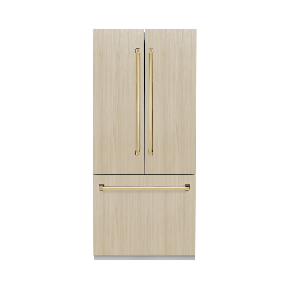 ZLINE Autograph Edition 36 in. 19.6 cu. ft. Panel Ready French Door Built-In Bottom Freezer Refrigerator with Water Dispenser and Ice Maker with Stainless Steel Interior and Polished Gold Accents (SRBIVZ-36-G) with custom panels.