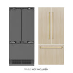 ZLINE Autograph Edition 36 in. 19.6 cu. ft. Panel Ready French Door Built-In Bottom Freezer Refrigerator with Water Dispenser and Ice Maker with Stainless Steel Interior and Polished Gold Accents (SRBIVZ-36-G) next to custom panels with Autograph Edition Polished Gold handles. Text: Panels not included.