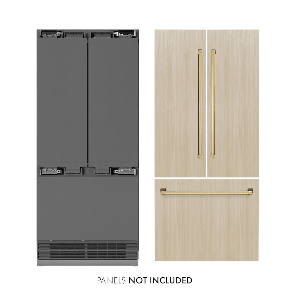 ZLINE Autograph Edition 36 in. 19.6 cu. ft. Panel Ready French Door Built-In Bottom Freezer Refrigerator with Water Dispenser and Ice Maker with Stainless Steel Interior and Polished Gold Accents (SRBIVZ-36-G) next to custom panels with Autograph Edition Polished Gold handles. Text: Panels not included.
