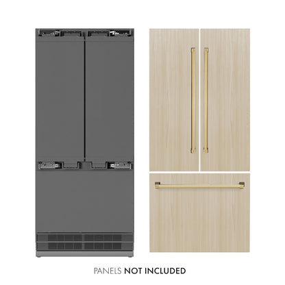 ZLINE Autograph Edition 36 in. 19.6 cu. ft. Panel Ready French Door Built-In Bottom Freezer Refrigerator with Water Dispenser and Ice Maker with Stainless Steel Interior and Polished Gold Accents (SRBIVZ-36-G) next to custom panels with Autograph Edition Polished Gold handles. Text: Panels not included.
