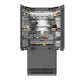 ZLINE Autograph Edition 36 in. 19.6 cu. ft. Panel Ready French Door Built-In Bottom Freezer Refrigerator with Water Dispenser and Ice Maker with Stainless Steel Interior and Matte Black Accents (SRBIVZ-36-MB) front, refrigeration compartment open with food inside.