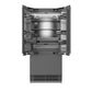 ZLINE Autograph Edition 36 in. 19.6 cu. ft. Panel Ready French Door Built-In Bottom Freezer Refrigerator with Water Dispenser and Ice Maker with Stainless Steel Interior and Matte Black Accents (SRBIVZ-36-MB) front, refrigeration compartment open.