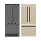 ZLINE Autograph Edition 36 in. 19.6 cu. ft. Panel Ready French Door Built-In Bottom Freezer Refrigerator with Water Dispenser and Ice Maker with Stainless Steel Interior and Matte Black Accents (SRBIVZ-36-MB) next to custom panels and Autograph Edition Matte Black handles.