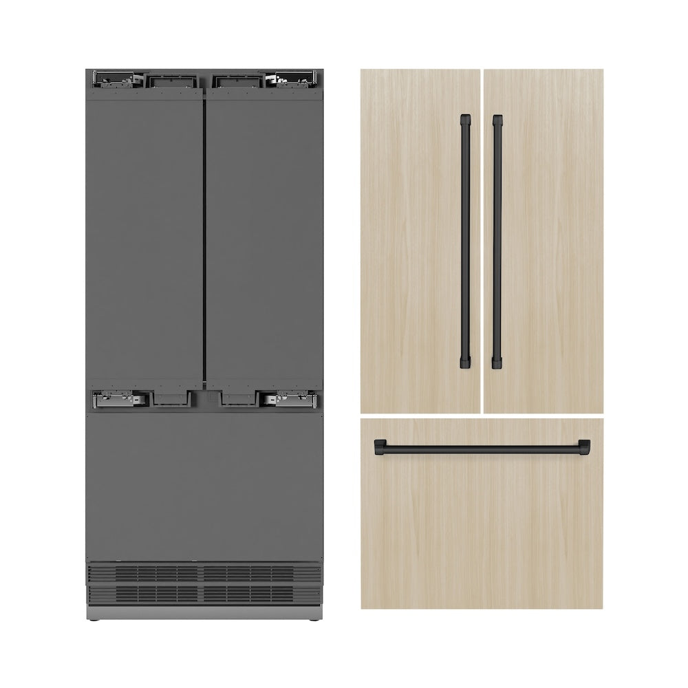 ZLINE Autograph Edition 36 in. 19.6 cu. ft. Panel Ready French Door Built-In Bottom Freezer Refrigerator with Water Dispenser and Ice Maker with Stainless Steel Interior and Matte Black Accents (SRBIVZ-36-MB) next to custom panels and Autograph Edition Matte Black handles.
